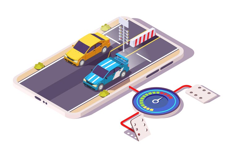 Vector coches de carreras isométricos en la pantalla del teléfono inteligente ilustración vectorial plana juego de carreras de coches en el teléfono móvil