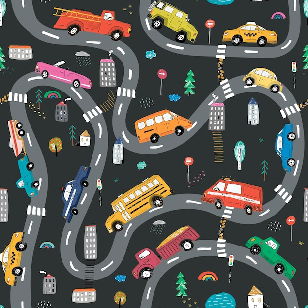 Coches en la carretera de la ciudad dibujado a mano vector doodle ilustraciones de patrones sin fisuras