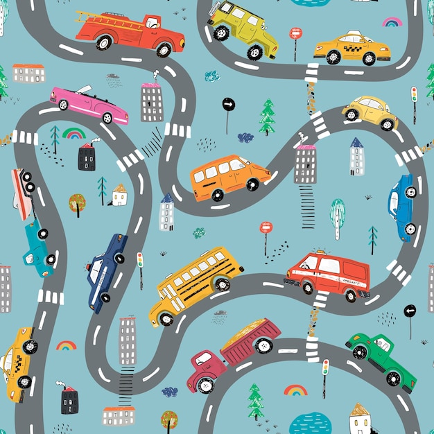 Coches en la carretera de la ciudad dibujado a mano vector doodle ilustraciones de patrones sin fisuras