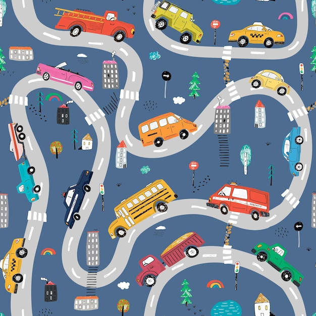 Coches en la carretera de la ciudad dibujado a mano vector doodle ilustraciones de patrones sin fisuras