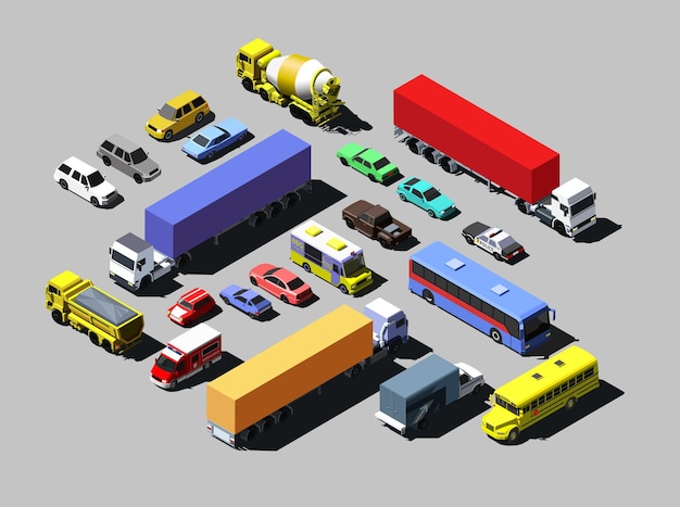 Vector coches de carretera isométricos, camiones y otros vehículos.
