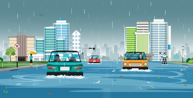 Vector los coches circulan por las calles inundadas de la ciudad.