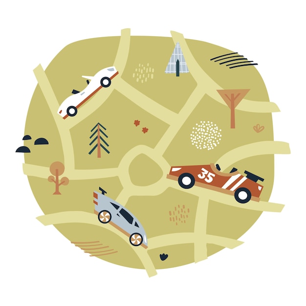 Coches circulan por las carreteras Mapa de dibujos animados Impresión de póster de guardería para niños aislado en fondo blanco