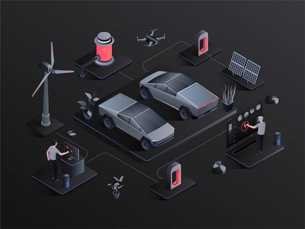 Los coches eléctricos isométrica alternativa eco verde energía estilo de vida infografía concepto vector.
