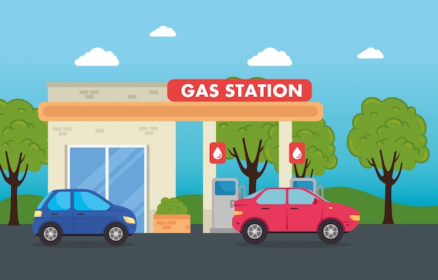 Coches en la estación de servicio de gas, diseño de ilustración de vector de gas de estación de estructura de servicio