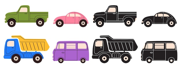 Coches en estilo doodle en vector de fondo blanco