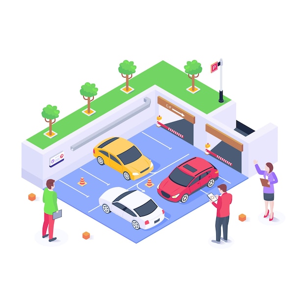 Coches en una ilustración isométrica de estacionamiento de estacionamiento