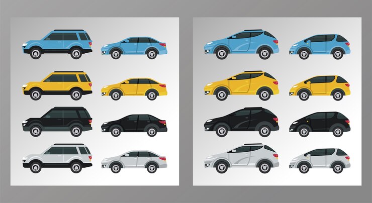 Vector los coches de la maqueta establecen colores aislados.