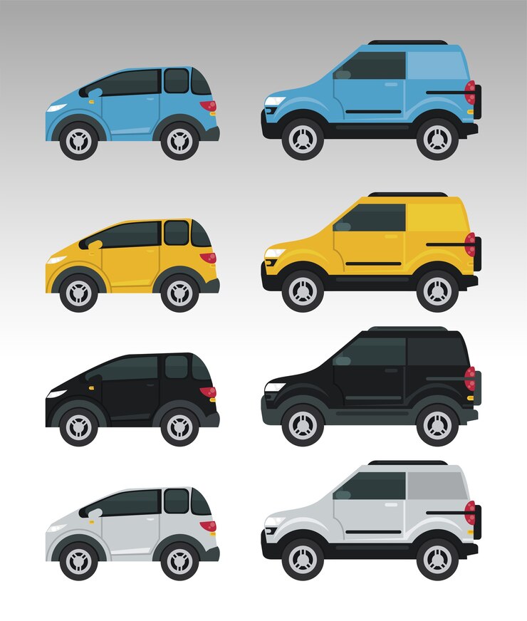 Vector los coches de la maqueta establecen colores aislados.