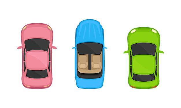Coches o automóviles como vehículos de motor con ruedas utilizados para el transporte por encima del conjunto vectorial de vista