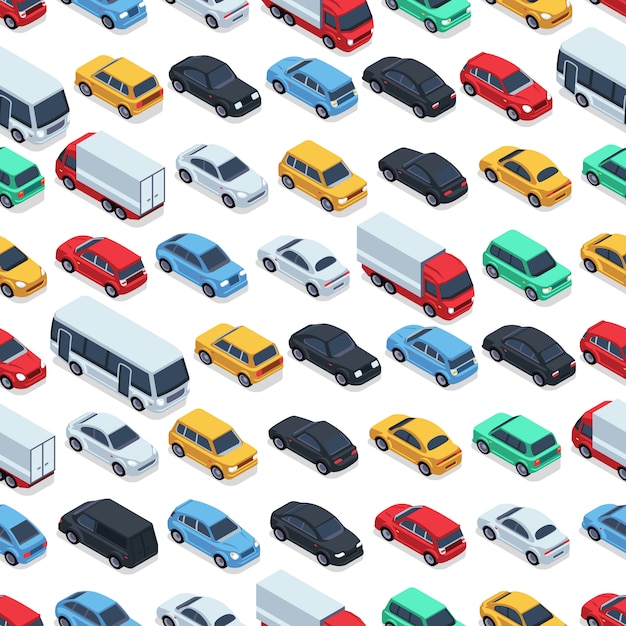 Coches sin patrón urbano. Coches isométricos. Modelo inconsútil del coche del color del modelo
