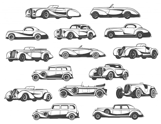 Coches retro establecen modelos clásicos antiguos de automóviles antiguos