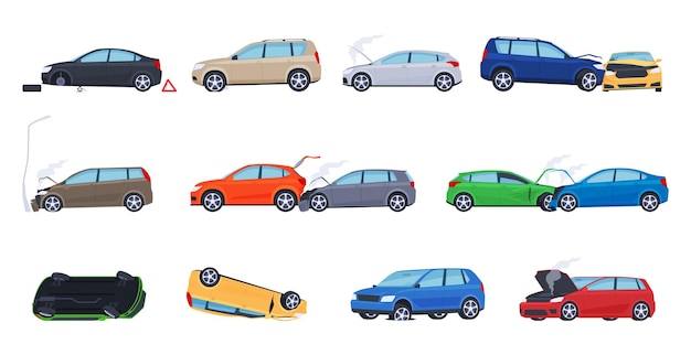 Vector coches rotos accidentes de tráfico daños a la propiedad ilustración vectorial