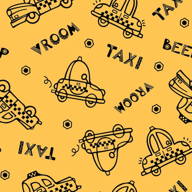Coches de taxi amarillo vintage de patrones sin fisuras Doodle ilustración vectorial para niños en un estilo escandinavo Máquina de transporte Para niños papel tapiz de vivero fondo de embalaje de tela