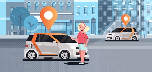 Coches con ubicación pin en la carretera pedidos en línea taxi compartir coche concepto móvil transporte mujer utilizando carsharing servicio ciudad moderna calle paisaje urbano
