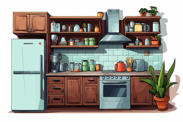 Vector cocina acogedora con muebles, platos y equipos