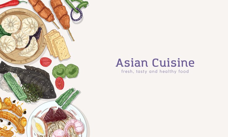 Vector cocina asiática, platos orientales tradicionales y aperitivos con fondo de espacio de copia