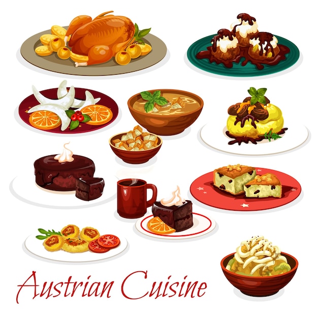 Cocina austriaca platos de carne y pasteles de chocolate.