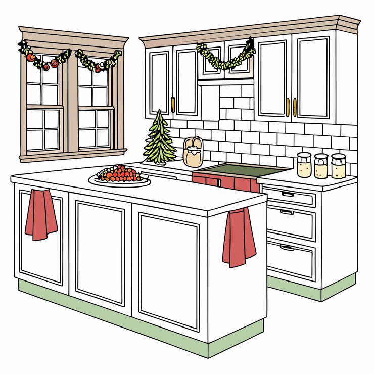 Vector una cocina blanca hermosamente decorada para navidad