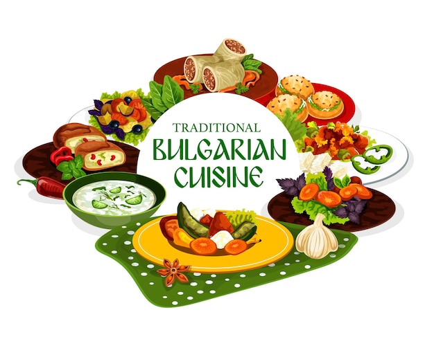 Cocina de Bulgaria con comida de carne y vegetales.