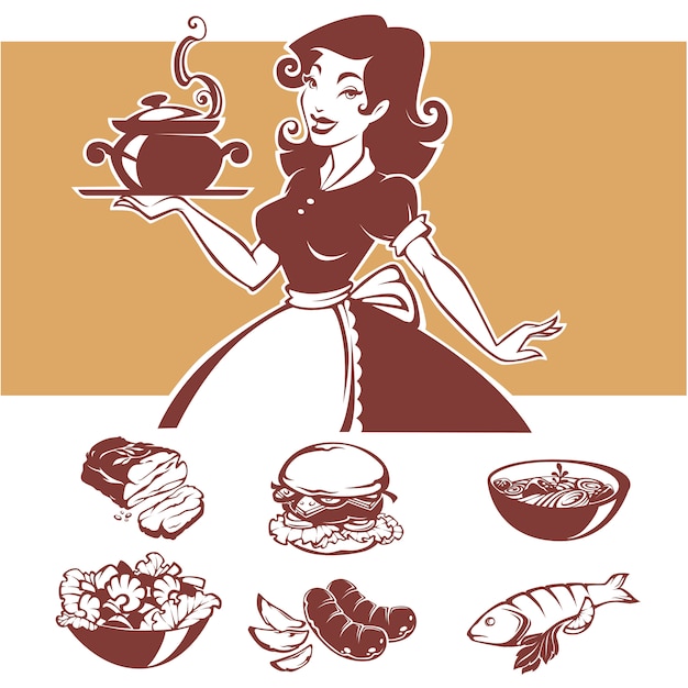 Cocina casera, ilustración de ama de casa pinup y platos de menú comunes