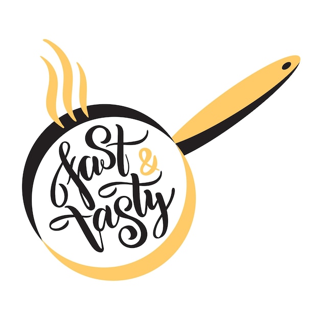 Cocina cocina letras inscripciones logotipo de color en forma de sartén cocina etiqueta comida rápida sabrosa comer caligrafía dibujada a mano ilustración vectorial tipografía elemento de diseño letras