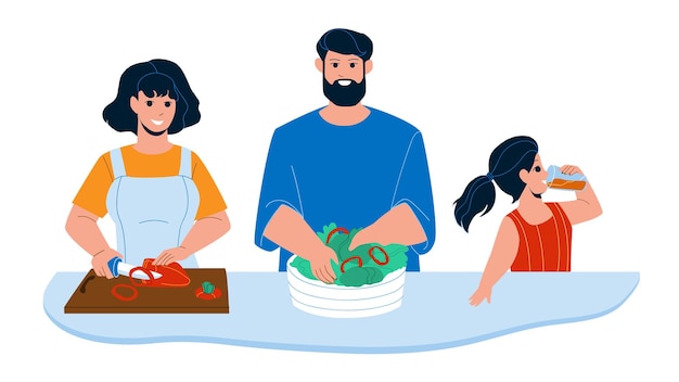 Vector cocina desayuno preparando familia juntos vector. madre cortando vegetales de pimentón, padre preparar desayuno de ensalada e hija bebiendo jugo. ilustración de dibujos animados plana de comida de la mañana de personajes