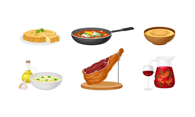 Cocina española con tocino seco y pastel con relleno sabroso servido en un plato con vector