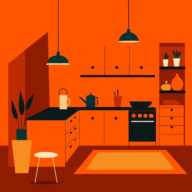 una cocina con una estufa una olla un taburete y una mesa