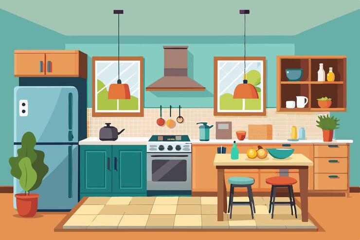 una cocina con una estufa un refrigerador una estufa y un refrigerador