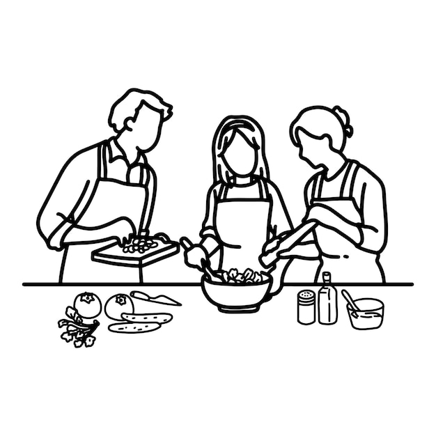 cocina familiar juntos esquema dibujo línea arte cuidado comunitario