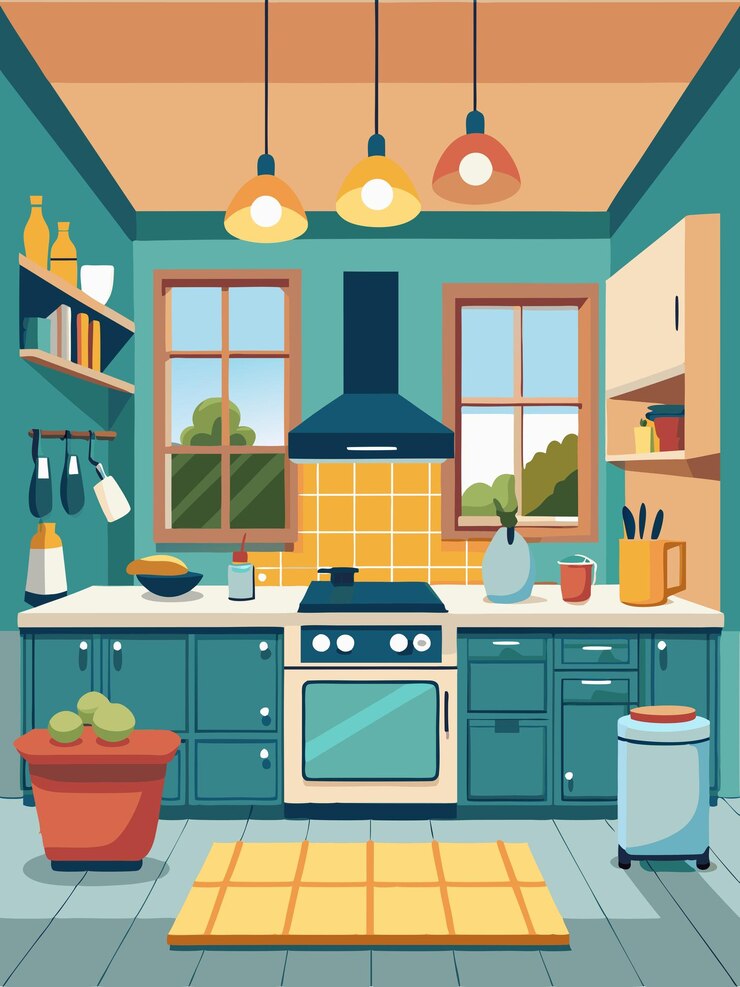 una cocina con un horno de estufa y una ventana