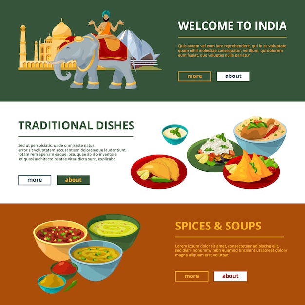 Vector cocina india y diferentes elementos tradicionales. banners horizontales con lugar para tu texto.