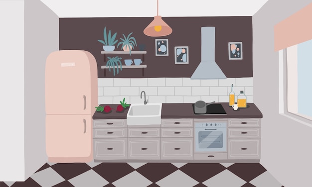 Vector cocina interior con muebles.