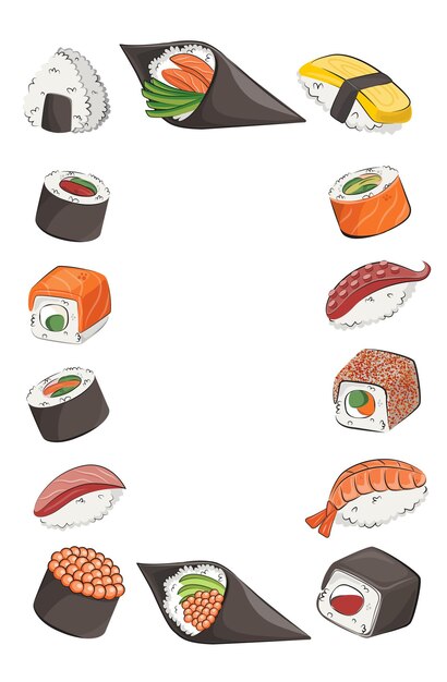 Cocina japonesa comida asiática para menús de restaurantes y sitios de entrega de afiches vector ilustración plana aislada sobre fondo blanco rollos de sushi conjunto de salsa de soja onigiri imagen de archivo