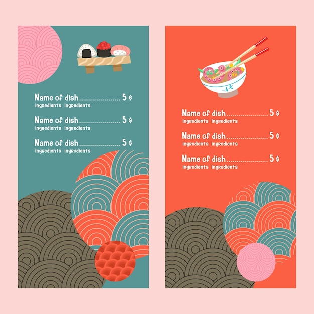 Cocina japonesa Un conjunto de platos tradicionales japoneses Ilustración vectorial en estilo de dibujos animados Plantilla de menú colorido de café de cocina japonesa