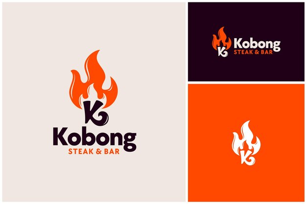 cocina de letra K con llama de fuego para parrilla caliente plato de comida filete barbacoa cocina de barbacoa logotipo del restaurante