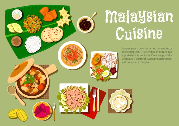 Cocina malaya con arroz nasi lemak y fideos de gambas, fideos de tofu con curry, estofado de cerdo con champiñones y tofu, maracuyá y carambola, mango, piña con pan y postre en hoja de plátano