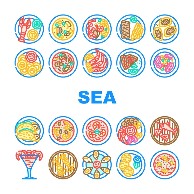 cocina de mar peces iconos de cocina conjunto vector