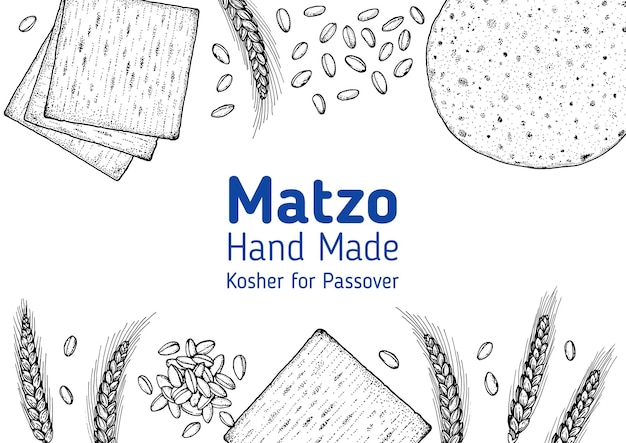 Cocina de matzá e ingredientes para ilustración de bocetos de matzá Marco de cocina de Oriente Medio Elementos de diseño de comida tradicional de pascua Menú dibujado a mano y diseño de paquete Comida judía