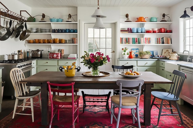 una cocina con una mesa y sillas y una mesa con flores en ella