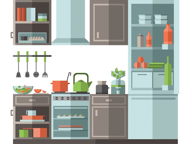Cocina con muebles, utensilios de cocina y electrodomésticos. Ilustración de vector de estilo plano