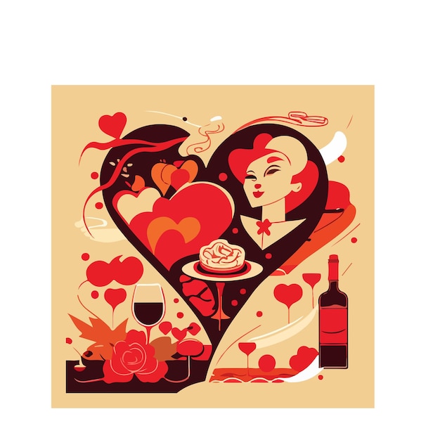 Vector cocina mundial, platos de corazón, vino y pasta, vector, ilustrador, diseño