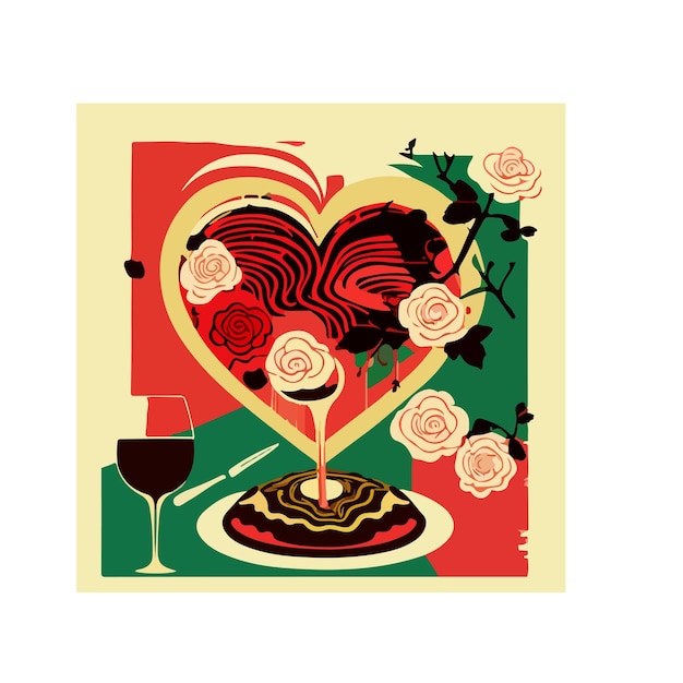 cocina mundial, platos de corazón, vino y pasta, vector, ilustrador, diseño