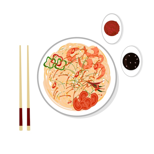 Vector cocina nacional china ilustración vectorial de fideos con verduras y gambas