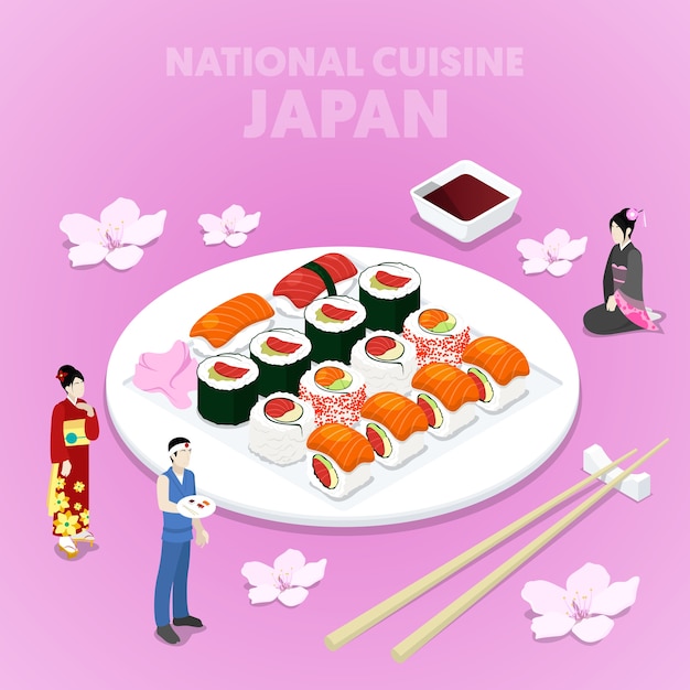 Cocina nacional isométrica de japón con sushi y japoneses en ropas tradicionales. vector ilustración plana 3d