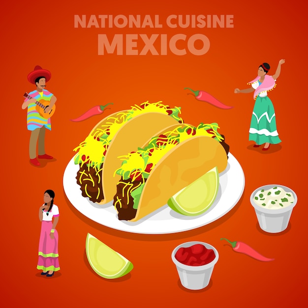 Cocina nacional de méxico isométrica con tacos, pimientos y mexicanos en ropas tradicionales. vector ilustración plana 3d