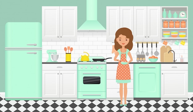Cocina retro con cocina chica. Ilustración en diseño plano.