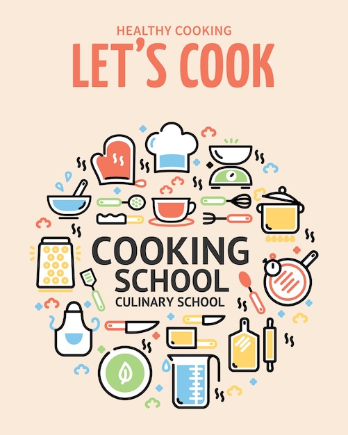 Cocina saludable nos permite cocinar escuela culinaria cartel póster cartel plantilla vector