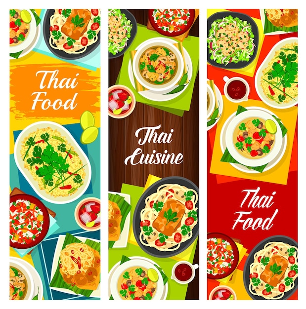 Cocina tailandesa vector sopa de setas tom klong hed ruam, sopa de pollo tom kha gai y té de hierba de limón. Pescado al curry de coco, fideos con satay de cerdo y salsa de maní, ensalada de calamar yam pra muek comidas de Tailandia